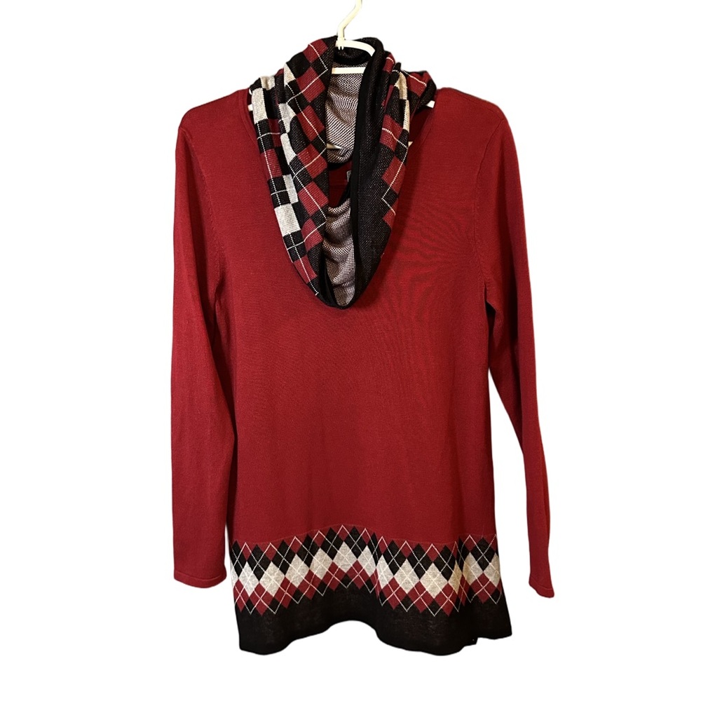 Festive Garnet Plaid Trim Sweater Top Red Black Argyle Scarf Detail Women’s S - Picture 8 of 8